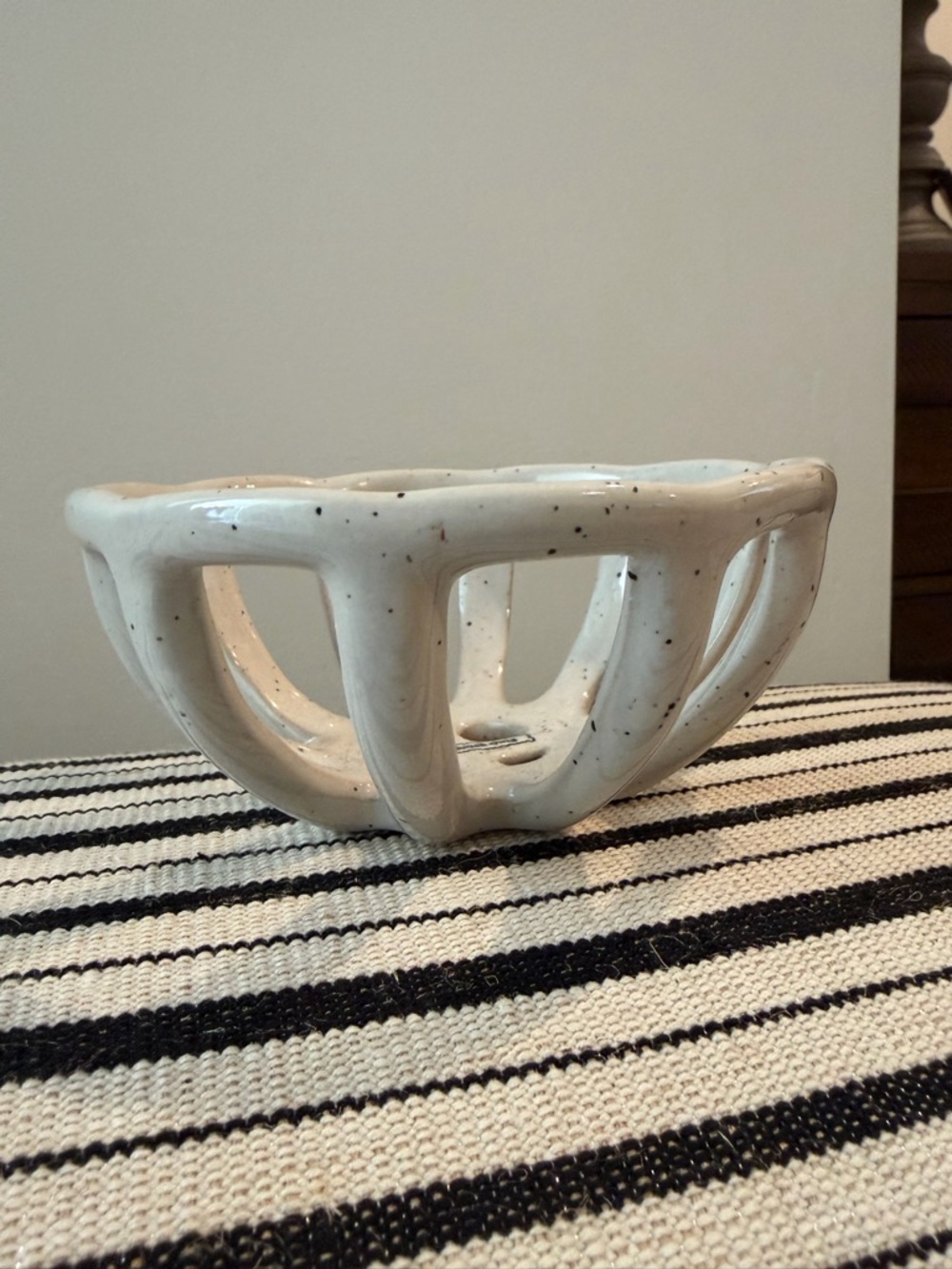 Speckled White Stoneware Decorative Open Basket Bowl - Modern Home Art